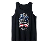 Miranda Messy Hair Bun with USA Ribbon Sunglasses Designs Tank Top