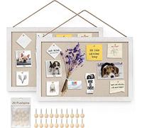 Miratino 2-Pack Cork Board with Linen 16x11 inch Bulletin Board Wall Decor Hanging Pin Wood Framed Display Bulletin Cork Picture Board Light for Room School Office Bedroom 20-Pushpin Vintage White