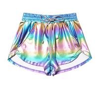 Mirawise Women's Metallic Shorts Yoga Shiny Sparkly Hot Drawstring Outfit Short Pants, Rainbow, S