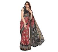 MIRCHI FASHION Women's Fancy Cotton Blend Stripes and Batik Leaf Style Printed Saree with Blouse Piece, Red, Black, 5.5 Meters