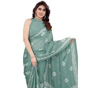 MIRCHI FASHION Women's Latest Chiffon Batik Printed Saree with Blouse Piece, Dusty Teal, White, One Size, Dusty Teal, White, One Size