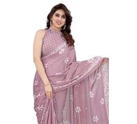MIRCHI FASHION Women's Latest Chiffon Batik Printed Saree with Blouse Piece, Onion Pink, White, One Size