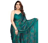 MIRCHI FASHION Women's Plain Weave Chiffon Leaf Print ed Saree with Blouse Piece, Turquoise, Orange, One Size