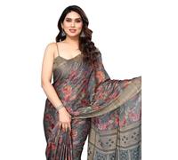 MIRCHI FASHION Women's Plain Weave Chiffon Leaf Printed Saree with Blouse Piece, Grey, Rust, One Size