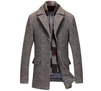 Mirecoo Men's Elegant Winter Warm Short Woolen Coat Business Jacket with Free Detachable Soft Touch Wool Scarf Coffee