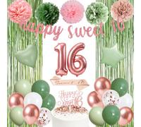 Mirenbloon Sweet 16 Birthday Decorations for Girls, Happy 16th Birthday Decorations Girl with 16th Birthday Banner 16 Number Balloon PomPoms Fringe Curtains 16 Sash Cake Topper To 16 Girls Gifts
