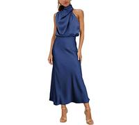 MIRGLER Womens Mock Neck Satin Elastic High Waist Wedding Guest Evening Cocktail Party Elegant Formal Maxi Dress, Navy, S