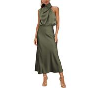 MIRGLER Womens Mock Neck Satin Elastic High Waist Wedding Guest Evening Cocktail Party Elegant Formal Maxi Dress, Army Green, M