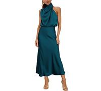 MIRGLER Womens Mock Neck Satin Elastic High Waist Wedding Guest Evening Cocktail Party Elegant Formal Maxi Dress, Peacock Blue, XL