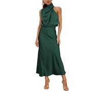 MIRGLER Womens Mock Neck Satin Elastic High Waist Wedding Guest Evening Cocktail Party Elegant Formal Maxi Dress, Dark Green, M