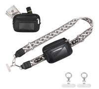 MIRIFRIGE Clip and Go strap for phone with Leather Wallet crossbody phone lanyard Detachable wrist wallet with RFID ID window (Black pattern)