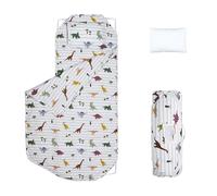 MiriMori Organic Cotton Toddler Nap Mat - Oeko-TEX Certified, Lightweight Roll-Up Sleep Mat with Attached Blanket and Pillow for Daycare and Preschool (Dino)