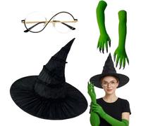 MIRJXB 3-Pair Witch Costume Accessory Set - Classic Hat, Gloves & Glasses | Wicked Costumes for Women and Girls, Dress-Up Props and Witch Accessories for Halloween Party Cosplay