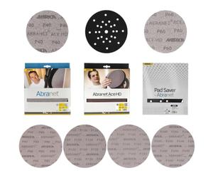 Mirka Abranet 225 mm Mix Pack 51-Pcs Grit 40-180 incl. Pad Saver | Mirka Abranet 225 mm sanding discs, 51-pc mix pack with grits 40-180 & Pad Saver. Fits all 225 mm long-reach sanders