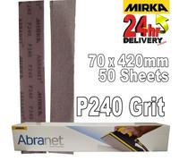 Mirka Abranet net sandpaper strips 70x420 mm Hook & loop/Grit P240 / 50 pcs/for sanding wood, walls, metal, aluminium, stainless steel, filler, varnish, plastic / 5415105025