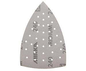 Mirka Abrasive Sheets Iridium Sanding Triangle 100x152x152mm Grit 240 | Premium 36-hole hook and loop sandpaper for paint putty primer wood steel mineral plastic sanding tasks