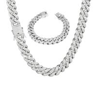MIRKUZI Men's Necklaces, Men's Cuban Link Necklace Miami Choker Necklace Bracelet Hip-Hop Jewelry Sets for Boys and Men Diamond Chain (Silver)