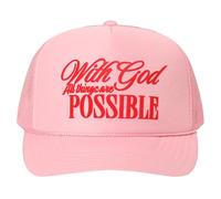 MIRMARU Christian-Themed Heat Printed 5 Panel Foam Trucker Hat with Mesh Back for Men and Women., With God All Things Are Possible-pink, One size