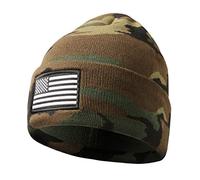 MIRMARU Men’s US American Flag Embroidered Folded Cuff Skull Beanie Cap - Comfortable Stretchy Warm and Cozy Winter Hat, Woodland Camo, One Size