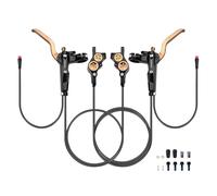 MirOdo E-Bike Hydraulic Disc Brake Set 4-Piston Bilateral Brake With 2-Pin Magnetic Sensor Power-Off Connection/Alu Alloy Caliper & Handle/Front Rear 2300mm Hose Split Brakes(Black Gold)