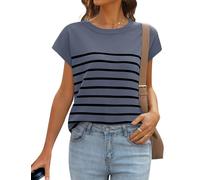 MIROL Women's Cap Sleeve Striped Tops 2025 Summer Crewneck Tee Knit Casual Loose Shirts, Blue, M
