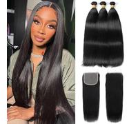MIRONICA 18" 20" 22+16" Straight Human Hair Bundles with Closure 3 Bundles with 4x4 Lace Closure Free Part 12A 100% Unprocessed Virgin Human Hair Double
