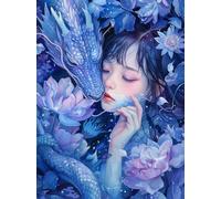 MIRONS Embroidery Starter Kit, Girl and Dragon Fantasy Pattern,E,50 * 70cm Pattern Stamped Cross Stitch Kits with Needles Scissor Threaders, 11CT Printed Cross Stitch Kit for Home Wall Decor