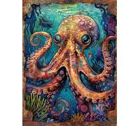 MIRONS Embroidery Starter Kit, Octopus Pattern,J,50 * 70cm Pattern Stamped Cross Stitch Kits with Needles Scissor Threaders, 11CT Printed Cross Stitch Kit for Home Wall Decor