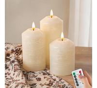 MiRowy LED Candle 3 Set Battery Operated with Remote Control, Flameless Real Wax Flickering Moving Wick Flickering Light Pillar Candles (White)