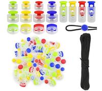 MirraSwit 80 Pcs Colorful Cord Locks+10m Black Cord, 4 Shapes Double Hole Cord Locks, Toggle Stopper Spring for Backpacks Shoelace Sport Clothes Hat, Shoes, Storage Bag, Hammock