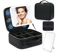 Mirror Make up Bag Organiser: Makeup Bag with Magnetically Vanity Mirror with Lights - Travel Makeup Organiser with Removable 360°Rotating Light Up Mirror - Makeup Case with Adjustable Dividers Black