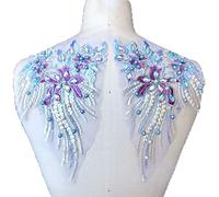 Mirror Pair Beaded Floral Applique Colorful Rhinestone Motif Embroidery Shoulder Jewelry Patch for Party Costumes Dance Dress(Lilac)