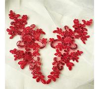 Mirror Pair Corded Embroidery Floral Lace Applique Sequined Patch for Bridal Wedding Dress Craft Projects (Red with Sequin)