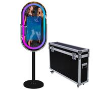 Mirror Photo Booth with APP Software Magic Selfie Station Shell Stand Photobooth Machine Touch Screen with RGB Light and Trolley Flight Case for Events (Black B, Photo Booth Machine)