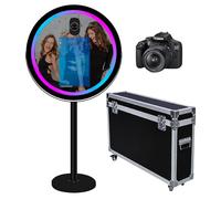 Mirror Photo Booth with APP Software Magic Selfie Station Shell Stand Photobooth Machine Touch Screen with RGB Light and Trolley Flight Case for Events (Black A, Machine+Camera)