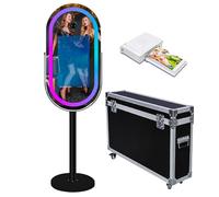 Mirror Photo Booth with APP Software Magic Selfie Station Shell Stand Photobooth Machine Touch Screen with RGB Light and Trolley Flight Case for Events (Black B, Machine+Mini Printer)
