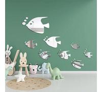 Mirror Wall Stickers, 8 Pieces 3D Tropical Fish Mirror Effect Wall Stickers Fashionable Design Decal Art Home Decoration Silver