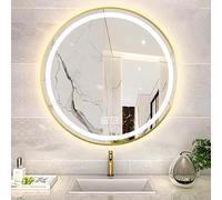 Mirror with lights, Round LED Bathroom Mirror, Gold Metal Frame Wall Mirror Anti-Fog Makeup Vanity Mirror, Smart Dimming Mirror with Memorry Function, 3 Color Adjustable, Anti-fog (Size : R