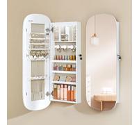 Mirror With Storage, Led Mirror Jewellery Cabinet Wall/door Mounted, Lockable Wide Mirror Cabinet, White & Greige Lining