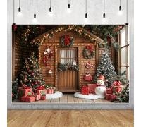 MIRRORANG 1.5x1m Christmas Brown Backdrop Wooden Door Xmas Tree Pine Leaves Snowman Holly Decorative House Background for Photography Winter Season Home Wall Decor Family Party Banner Supplies