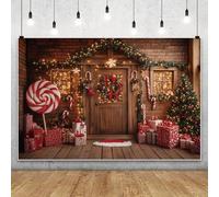 MIRRORANG 1.5x1m Christmas Decorative Wooden House Brown Backdrop Candy Xmas Tree Snowflake Light Photography Background Winter Holiday Room Wall Decor Family Party Banner Supplies