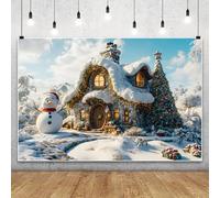 MIRRORANG 1.5x1m Winter Snowman Christmas Trees Backdrop Snowy Scenery Sunshine White Pine Trees House Photography Background for Holiday Theme Party Home Wall Decoration Supplies