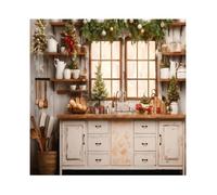 MIRRORANG 2.2x1.5m White Christmas Backdrop Kitchen Rustic Style Wreath Pine Needles Branches Balls Background Photography for New Year's Eve Xmas Bells Party Newborn Live Streaming Props