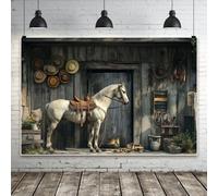 MIRRORANG 2.5x1.8m White Wild Horse Backdrop Harness Hats Ropes Wooden House Retro Farmhouse Photography Background for Boys Men Western Cowboy Theme Party Home Wall Decor Portraits Studio Props