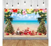 MIRRORANG 2.7x1.8m Summer Seaside Christmas Backdrop Ocean Beach Xmas Tree Santa Claus Tropical Palm Trees Photography Background for Outdoor Home Party Decor Children Portraits Photo Studio