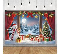 MIRRORANG 3.5x3m Christmas Snowman Backdrop Window Scenery Full Moon Pine Forest Snowy Scenery Night Photography Background for Seasonal Holiday Home Party Decor Photo Shooting Props