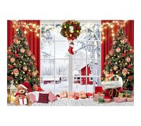 MIRRORANG 3x2,5m Christmas Backdrop Winter Red Curtains White Window Christmas Tree Wreath Photography Backgrounds Eve Holiday Family Party Banner Adults Children Portraits Photo Booth Props, Vinyl