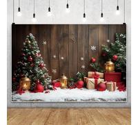 MIRRORANG 4.2x3m Brown Wooden Farmhouse Backdrop Snowflake Xmas Pine Trees Balls Lamp Rustic Photography Background Winter Christmas New Year Home Party Room Decor Supplies Photo Studio Props