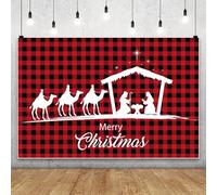 MIRRORANG 4.5x3m Merry Christmas Red Black Buffalo Plaid Backdrop Jesus Nativity Holy Night Photography Background for Winter Christmas Religious Party Baby Shower Decor Photo Booth Props