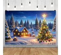 MIRRORANG 4.5x3m Winter Christmas Backdrop Wooden House Xmas Trees Pines Snowy Scenery Photography Background for Seasonal Holiday New Year Home Party Decor Photo Shooting Props